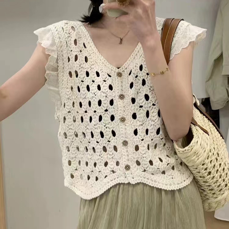Crochet Top Boho - Ruffle Trim Crochet Vest Top Button