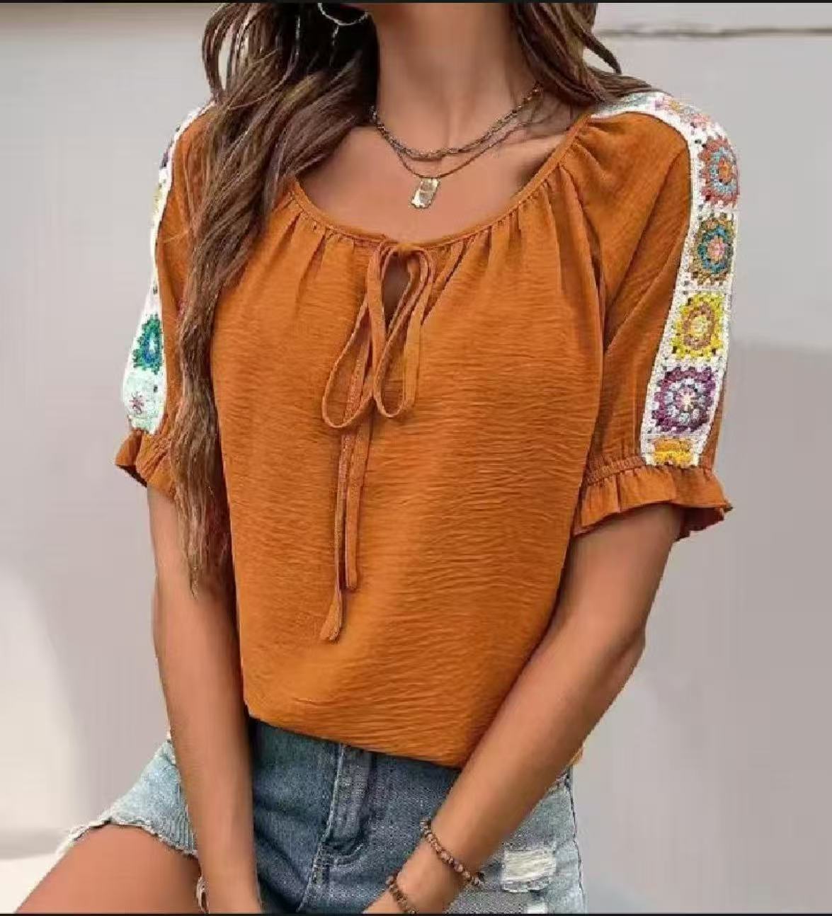 Crochet Top Boho - Boho Women's Blouse Tie Front Neck